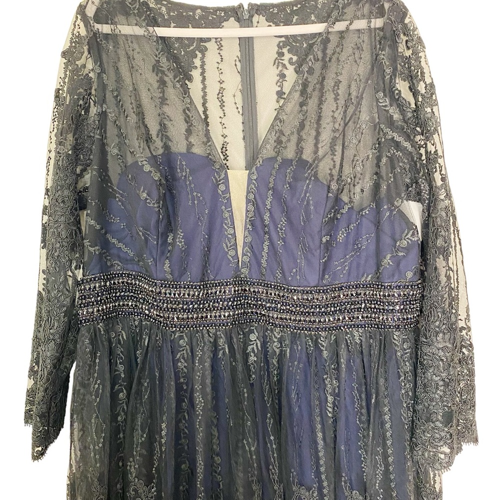 Mac Duggal Midnight Blue Black Lace Faux Wrap Illusion Long Sleeve Gown Size 22W - Picture 6 of 8